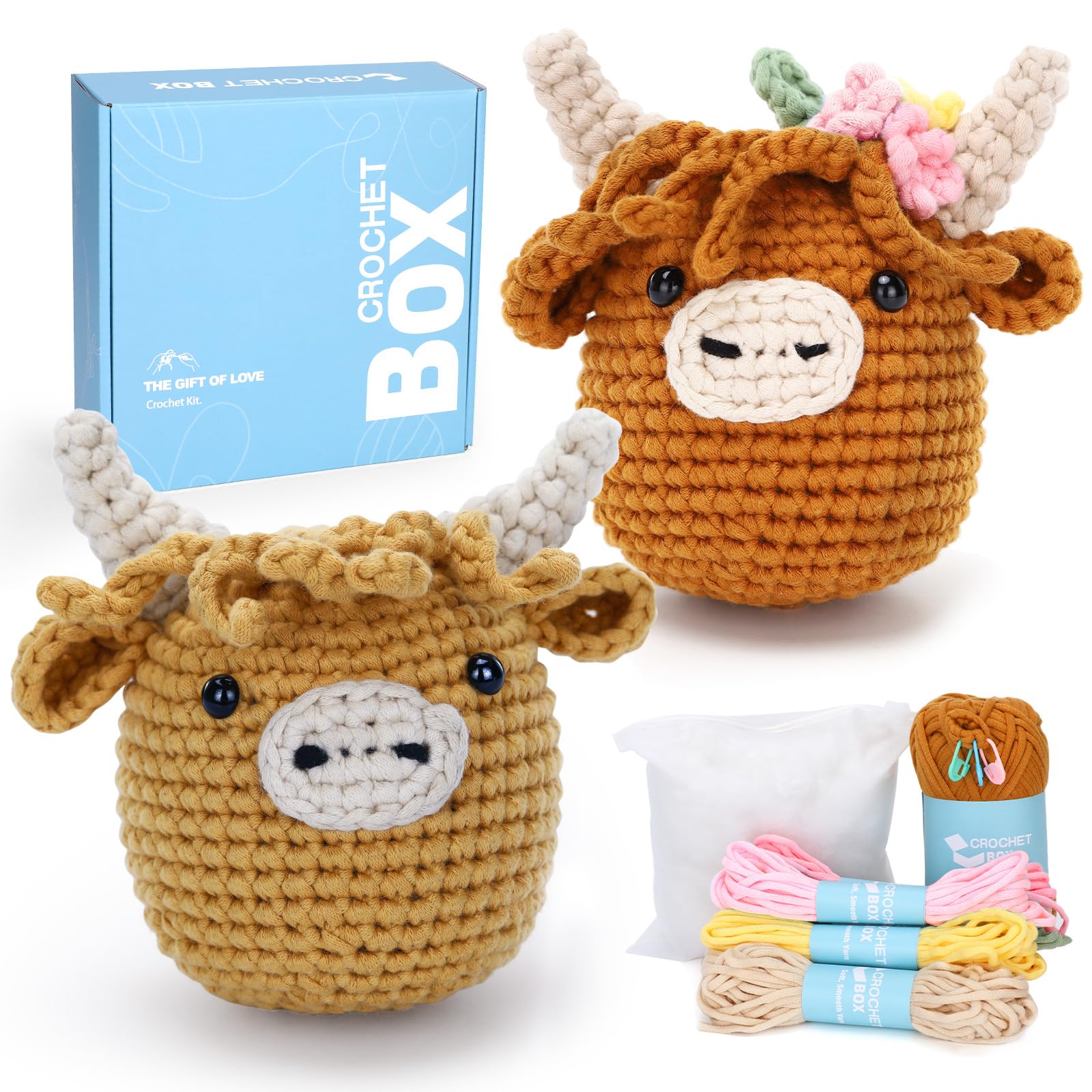 Photo 1 of Crochet Box Crochet Kit for Beginner, 2 PCS Highland Cow Easy Learn How to Crochet Stuffed Animals Amigurumi Gift for Adults and Kids(12+), Knitting Set with Yarn Hook Stitch-by-Stitch Video Tutorial