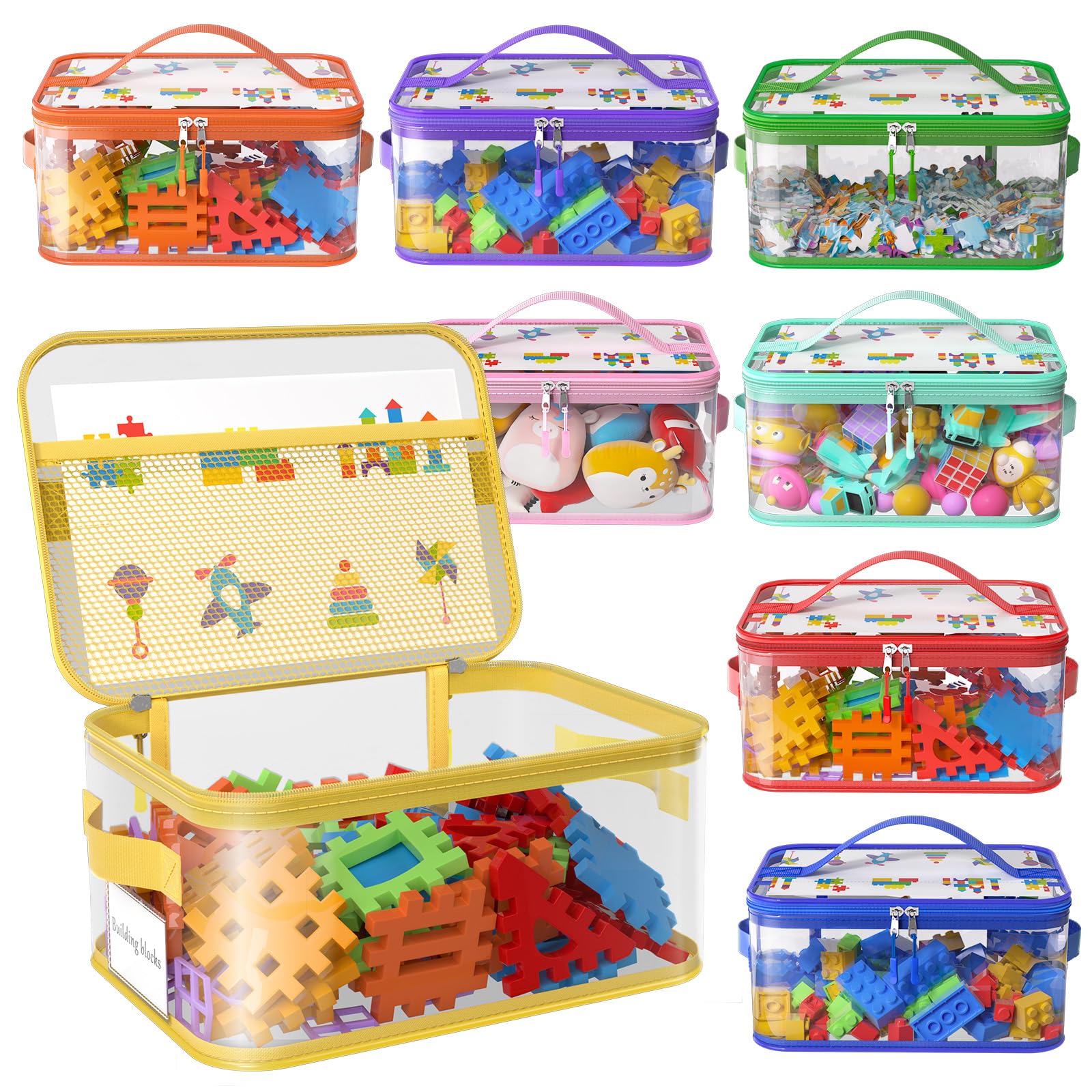 8 Packs Large Toy Storage Bags with Labels, Reusable Clear PVC Board Game Storage, Travel Waterproof Toy Organizer Bags with Name Tag and Manual Pocket for Building Blocks, Puzzle, Kids Books