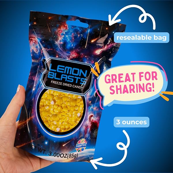 FREEZE DRIED SOUR LEMON HEADS CANDY, CRUNCHY CANDIES, SHARE SIZED, RESEALABLE BAG, 3 OUNCES