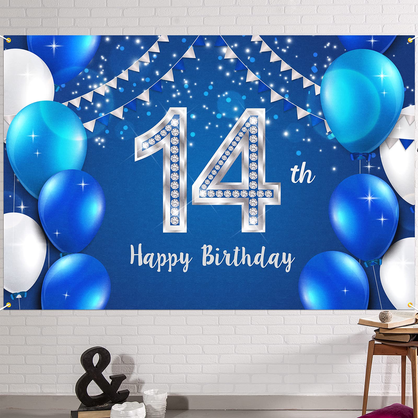 Photo 1 of HAMIGAR 6x4ft Happy 14th Birthday Banner Backdrop - 14 Years Old Birthday Decorations Party Supplies for Girls Boys - Blue Silver