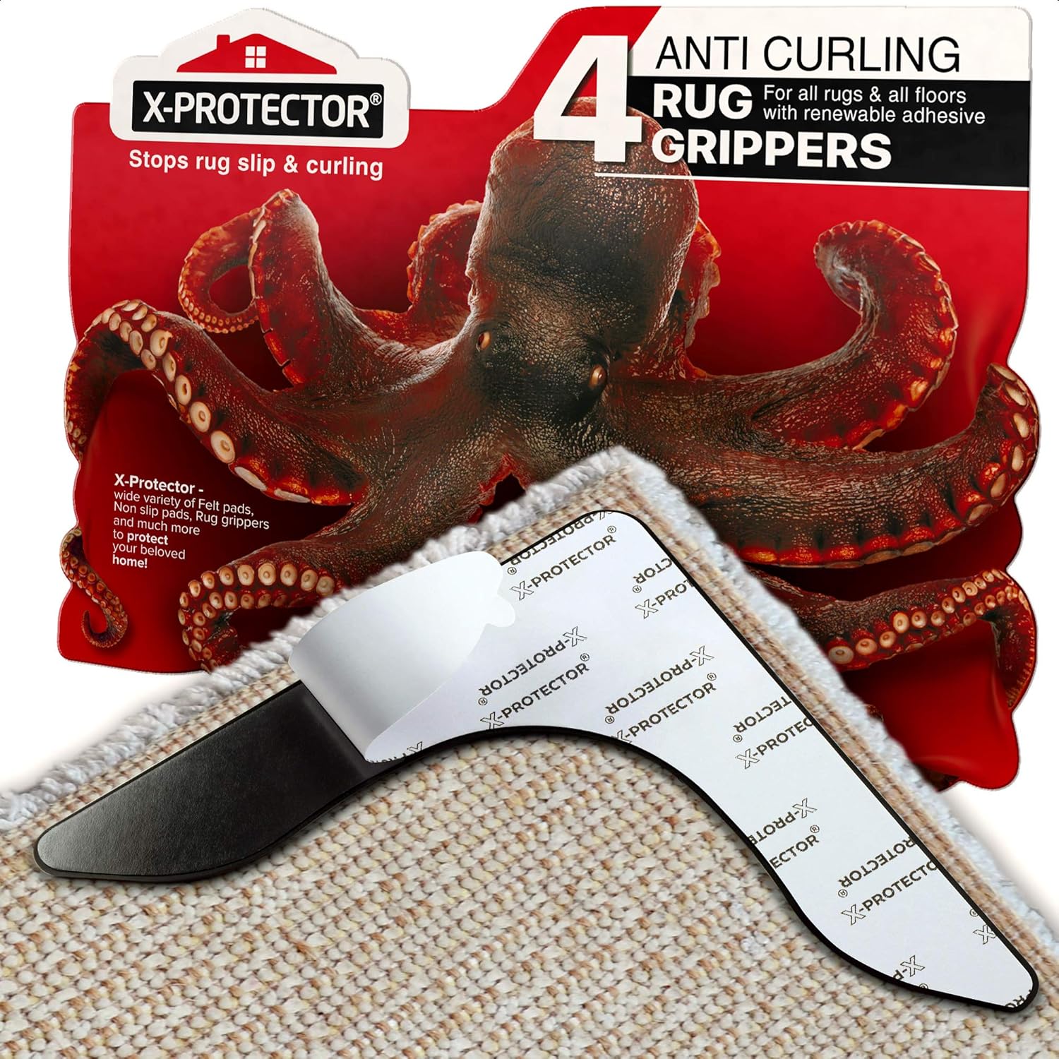 X-Protector Rug Grippers Best 4 pcs Anti Curling Rug Gripper - Keeps Your Rug in Place & Makes Corners Flat - Carpet Gripper for Corners with Renewable Carpet Tape – Ideal Non Slip Rug Pad for Rug!: Furniture & Decor