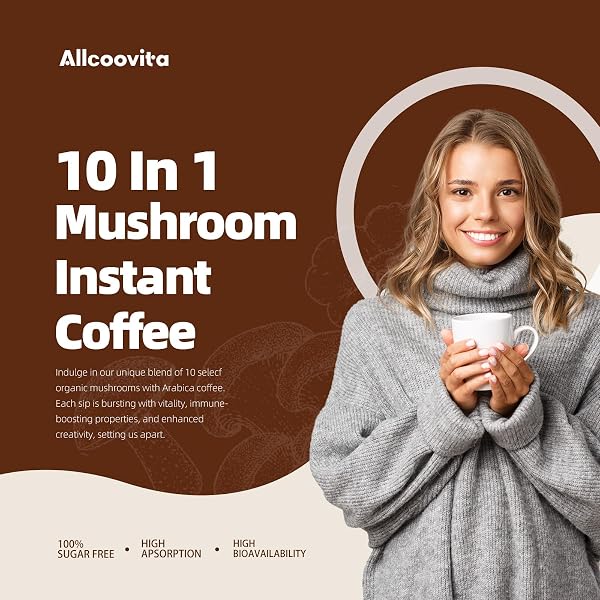 MUSHROOM COFFEE – LIONS MANE MUSHROOM POWDER INSTANT COFFEE WITH LION’S MANE, REISHI, CHAGA, CORDYCEPS, AND TURKEY TAIL – MUSHROOM COFFEE ALTERNATIVE FOR ENERGY, MENTAL CLARITY & FOCUS, BRAIN BOOSTER
