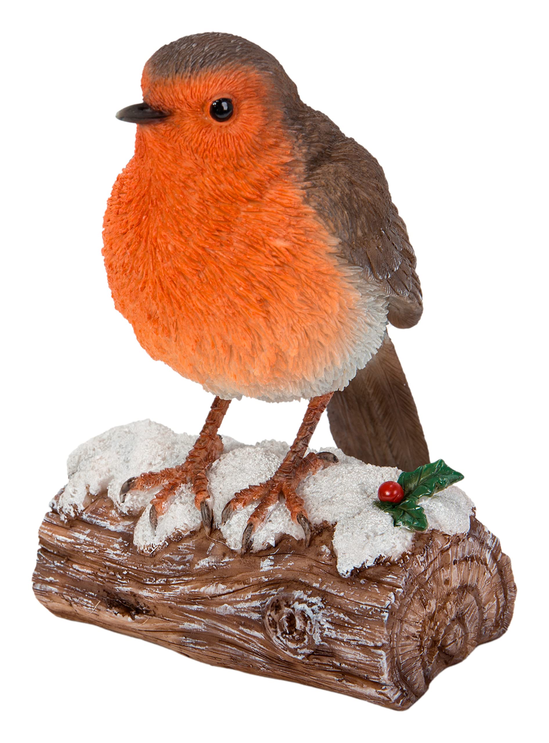 Vivid Arts - Real Life Robin Perched on Christmas Log Home or Garden Decoration (BG-RB08-F)