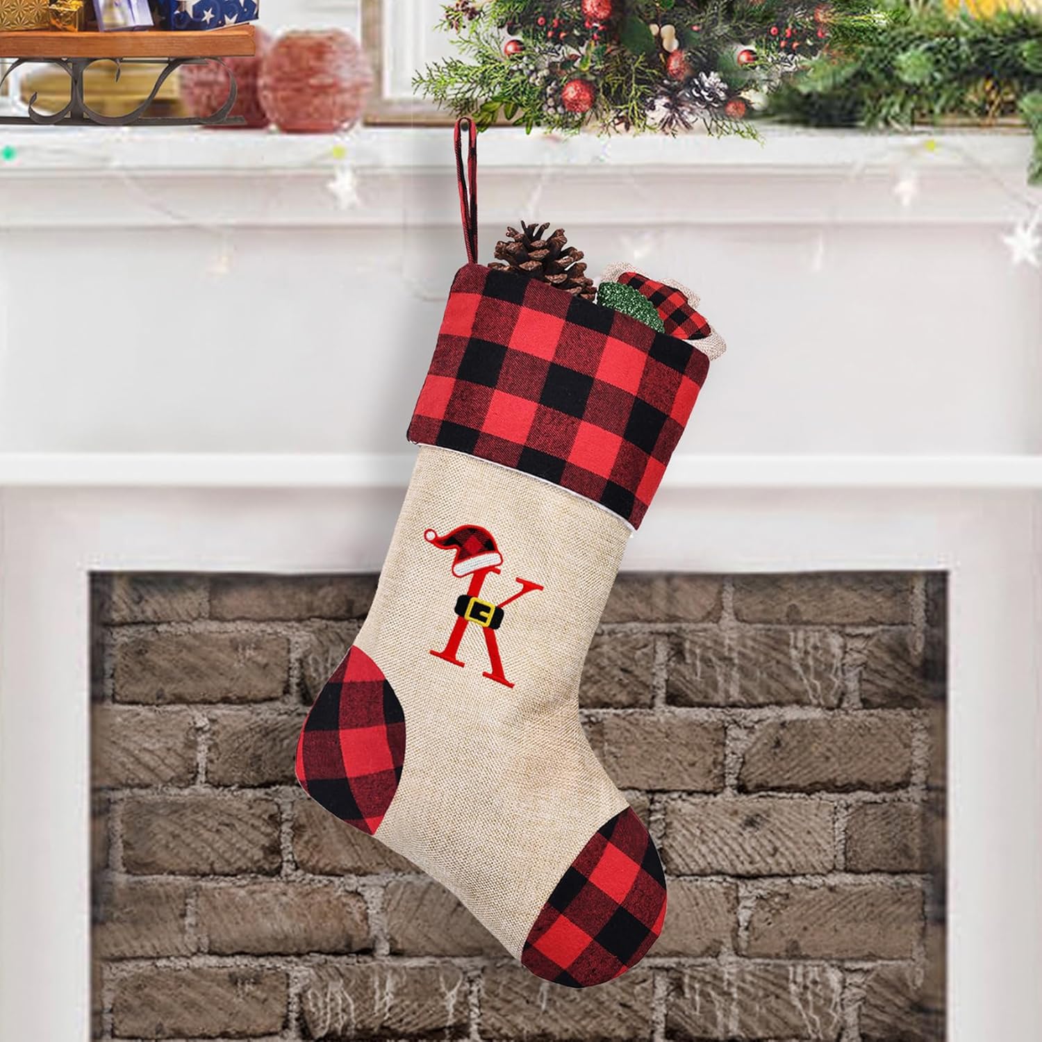 Stockings & Holders - CARAKNOTS Monogram Christmas Stocking 1 Pack Personalized Christmas Stockings with Initials Black and Red Christmas Stockings with Letters Burlap Plaid Letter K Initial Xmas Stockings for Family Kids