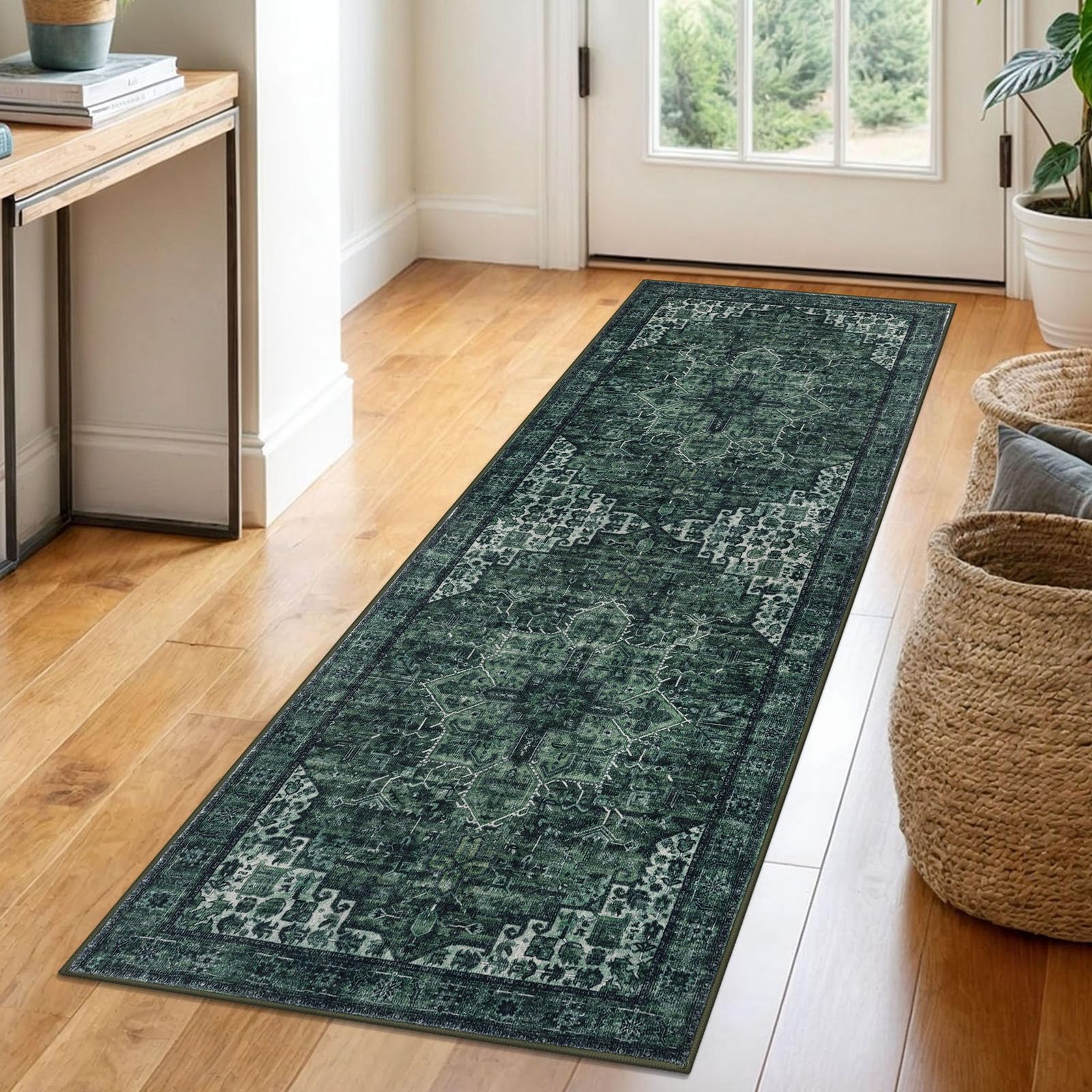 Photo 1 of SIILOOM 2x6 Vintage Deep Green Runner for Hallways, Non-Slip Printed Washable Kitchen Runner, Boho Rug with Non-Shedding, Medallion Floor Carpet for Laundry Bedroom Entryway