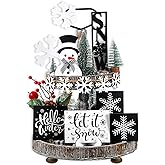 FairySandy 15 Pcs Winter Tiered Tray Decor Set Black and White Snowflake Table Wood Decoration Snowman Wooden Sign Rustic Farmhouse Coffee Bar Signs Winter Tray Decor for Home Xmas Holiday Tabletop