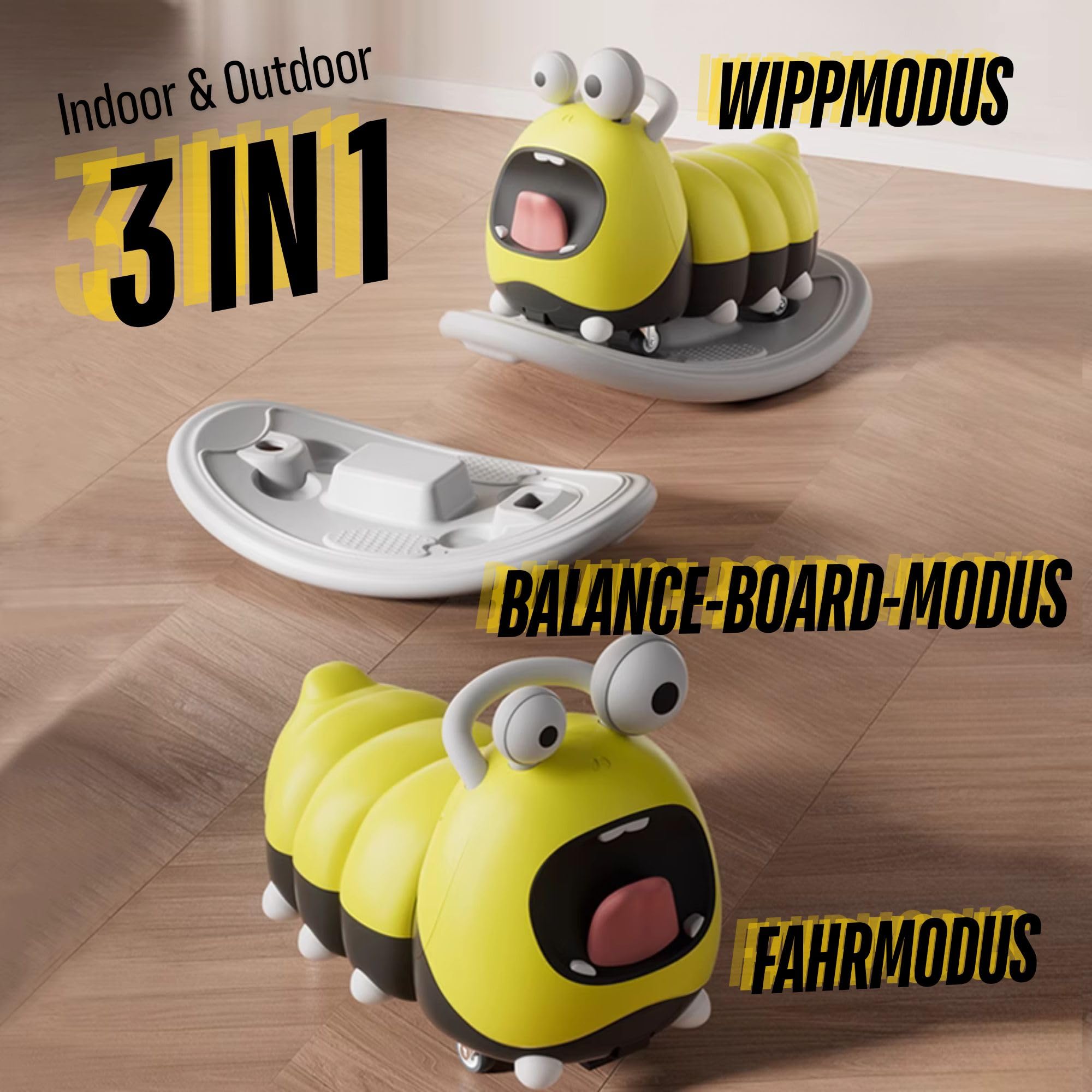 3in1 Rutschfahrzeug Babyroller + Schaukeltier + Balancierbrett, Yoyo Babyrutscher Rutschauto Geschenke ab 10 Monaten, PP Material, BPA-frei, max. 30kg, Gelb 2