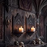 Havawish 2 Pcs Black Wood Gothic Wall Sconces Candle Holder,Cathedral | 6 x 10 Inch Dark Academia Decor, Medieval Vintage Home Decoration, Tray Hook for Taper Pillar Candles, for Halloween Room