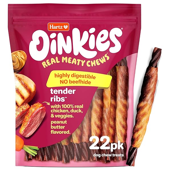 HARTZ OINKIES TENDER RIBS WITH REAL CHICKEN, DUCK & VEGGIES, PEANUT BUTTER FLAVORED RAWHIDE-FREE DOG TREATS, HIGHLY DIGESTIBLE DOG CHEWS, 22 COUNT