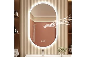 STARLEAD 20"x32" LED-Bathroom-Mirror-with-Lights, Wall-Mounted with Bluetooth Speaker, Anti-Fog, 3 Color Temperature, Dimmable Brightness, IP65 Waterproof, Tempered Glass, Frontlit & Backlit, Oval