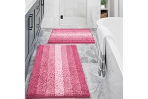Gibelle Pink Bathroom Rug Set 2 Piece, Chenille Non Slip Bath Mat Set, Absorbent Shower Rug and Bath Room Floor Mats, Quick Dry Bathmat Bathroom Decor Accessories for Tub, 16" x 24", 20" x 32"