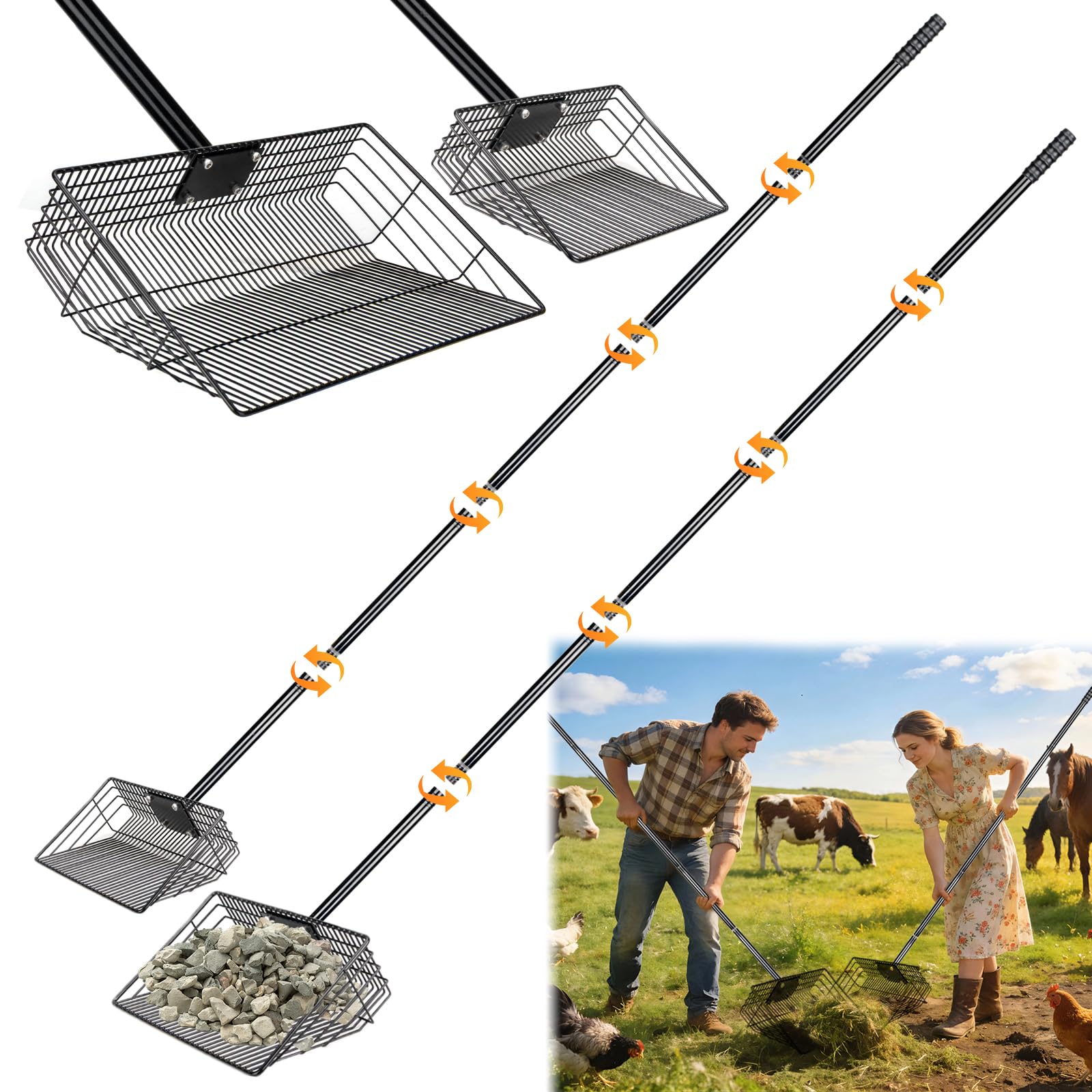 Photo 1 of 10" & 15" 2pcs Large Horse Manure Chicken Poop Scooper Set: Heavy Duty Carbon Steel Sifter Shovel, Metal Pooper Sifting Scoop for Poultry Run Farm, Chicken Coop Accessories Horse Stall Cleaning Tool