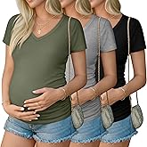 Ficerd 3 Pack Maternity Shirts for Women Cotton Blend Maternity Tops V Neck Side Ruched Pregnancy Short Sleeve Tunic Tees