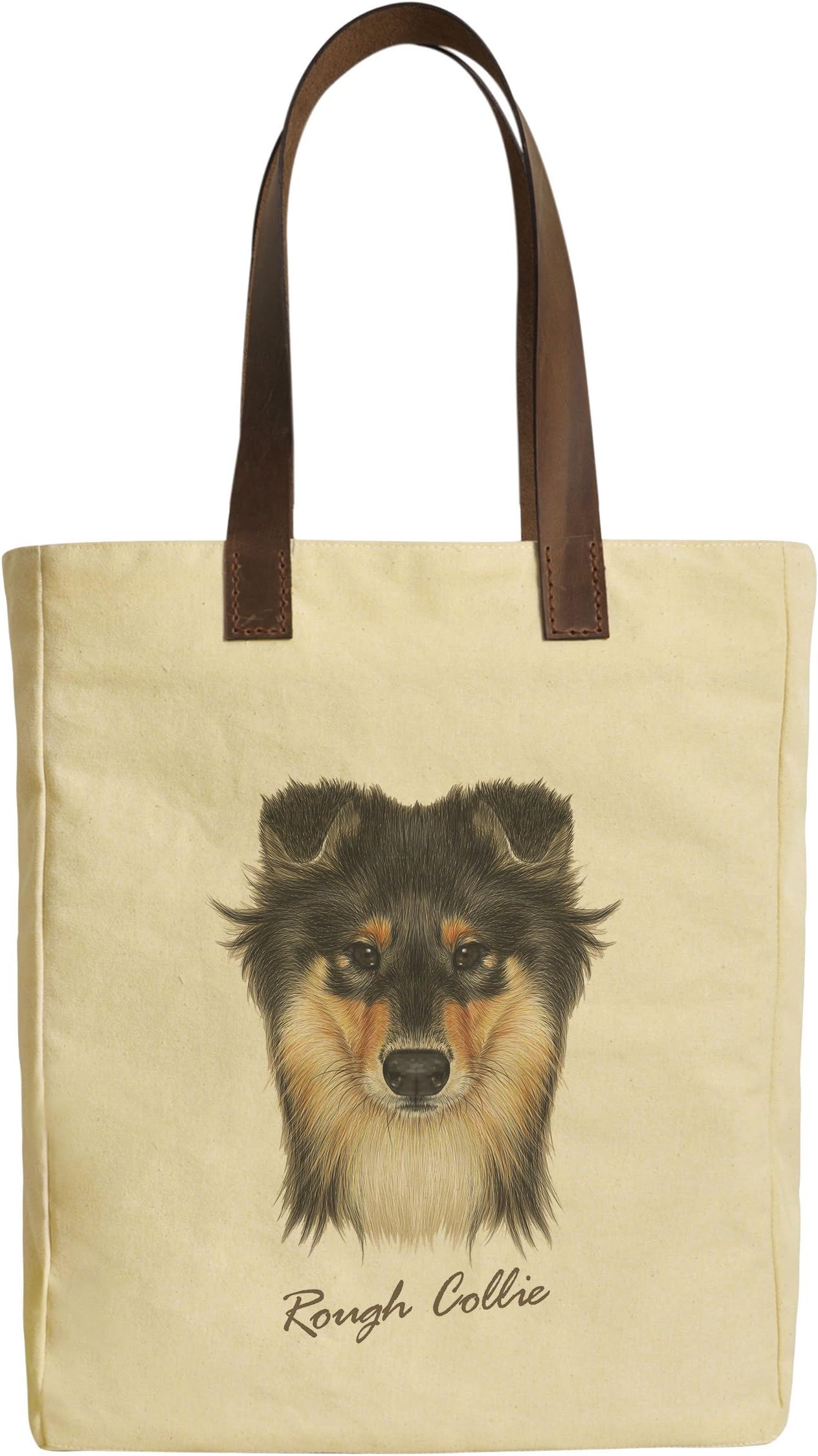 Portraits Of Dog Beige Printed Canvas Tote Bags Leather Handles WAS_30