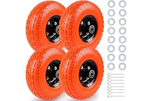 HAKULA MATATA 10" Solid Flat Free Tires and Wheels 4 Pcs, 4.10/3.50-4 Rubber Tire Replacement with 5/8” Axle Bore Hole, Air less Wheel for Hand Truck/Trolley/Garden Cart/Lawn Mower/Wheelbarrow, 4Packs, Orange