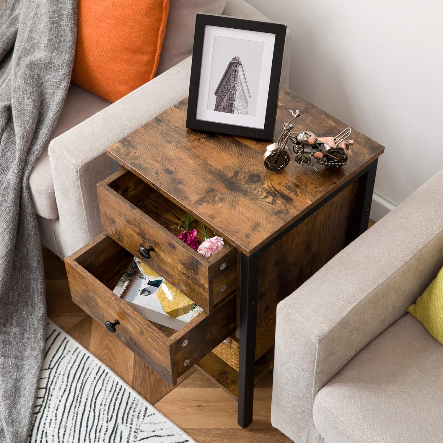 HOOBRO Nightstand with 2 Drawers and Open Shelf, Industrial Square End Table for Storage, Bedside Table in Living Room, Bedroom, Easy Assembly, Wooden Look with Metal Frame, Rustic Brown BF47BZ01: Home & Kitchen
