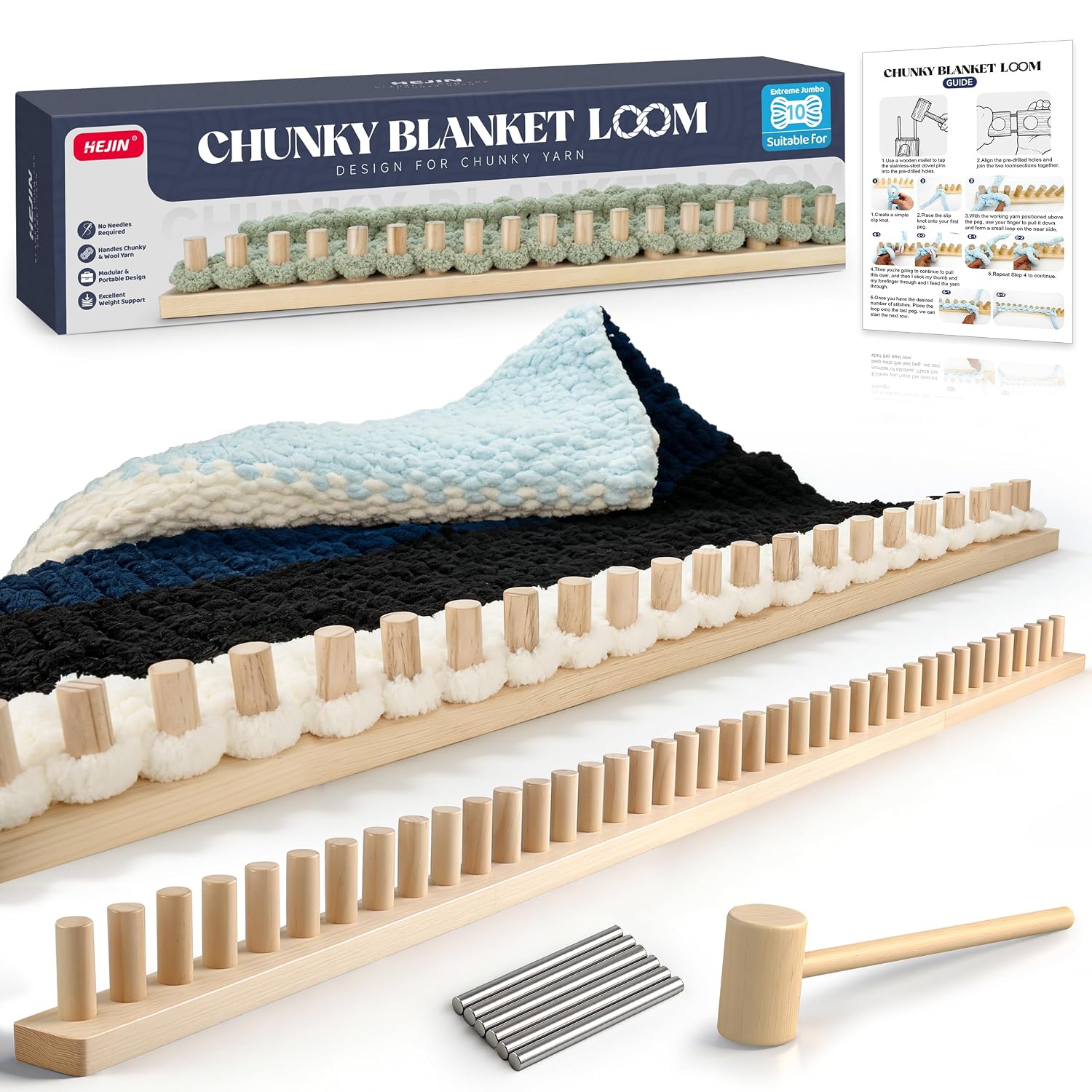 HEJIN 63" Chunky Blanket Loom, Adjustable Size Loom for Chunky Blanket | Knitting Loom Kit No Needles Required, Gift for DIY