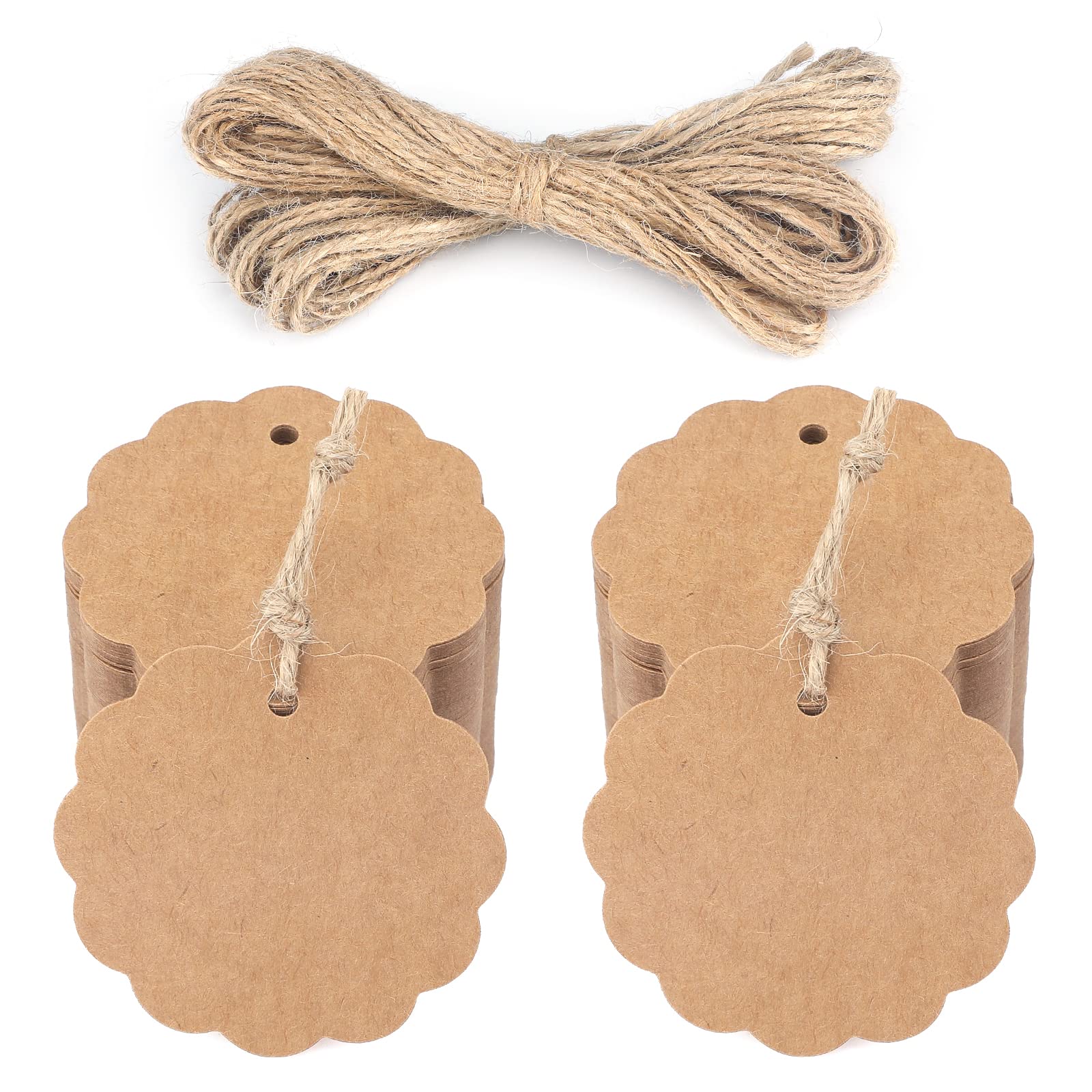 jijAcraft 200PCS Brown Flower Round Gift Tags, 6CM Kraft Paper Tags Rustic Wedding Hang Tags Favor Gift Tags with 20M Jute Twine for Crafts/Price/Naming Tags