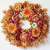 26" Fall Wreath for Front Door - Large Artificial Maple Leaves Fake Silk Peony Faux Pumpkin Outdoor Wreath for Porch, Window,Farmhouse,Home,Thanksgiving Day Harvest Festival Autumn Decor