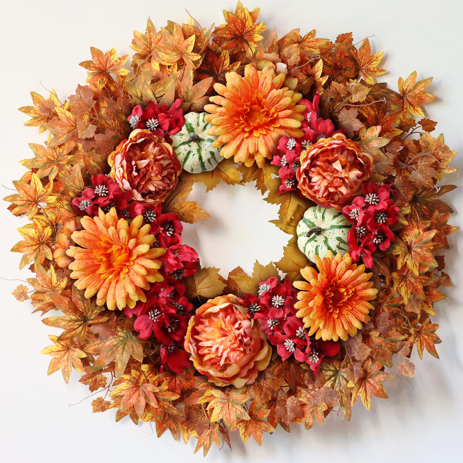 Photo 1 of 26" Fall Wreath for Front Door - Large Artificial Maple Leaves Fake Silk Peony Faux Pumpkin Outdoor Wreath for Porch, Window,Farmhouse,Home,Thanksgiving Day Harvest Festival Autumn Decor