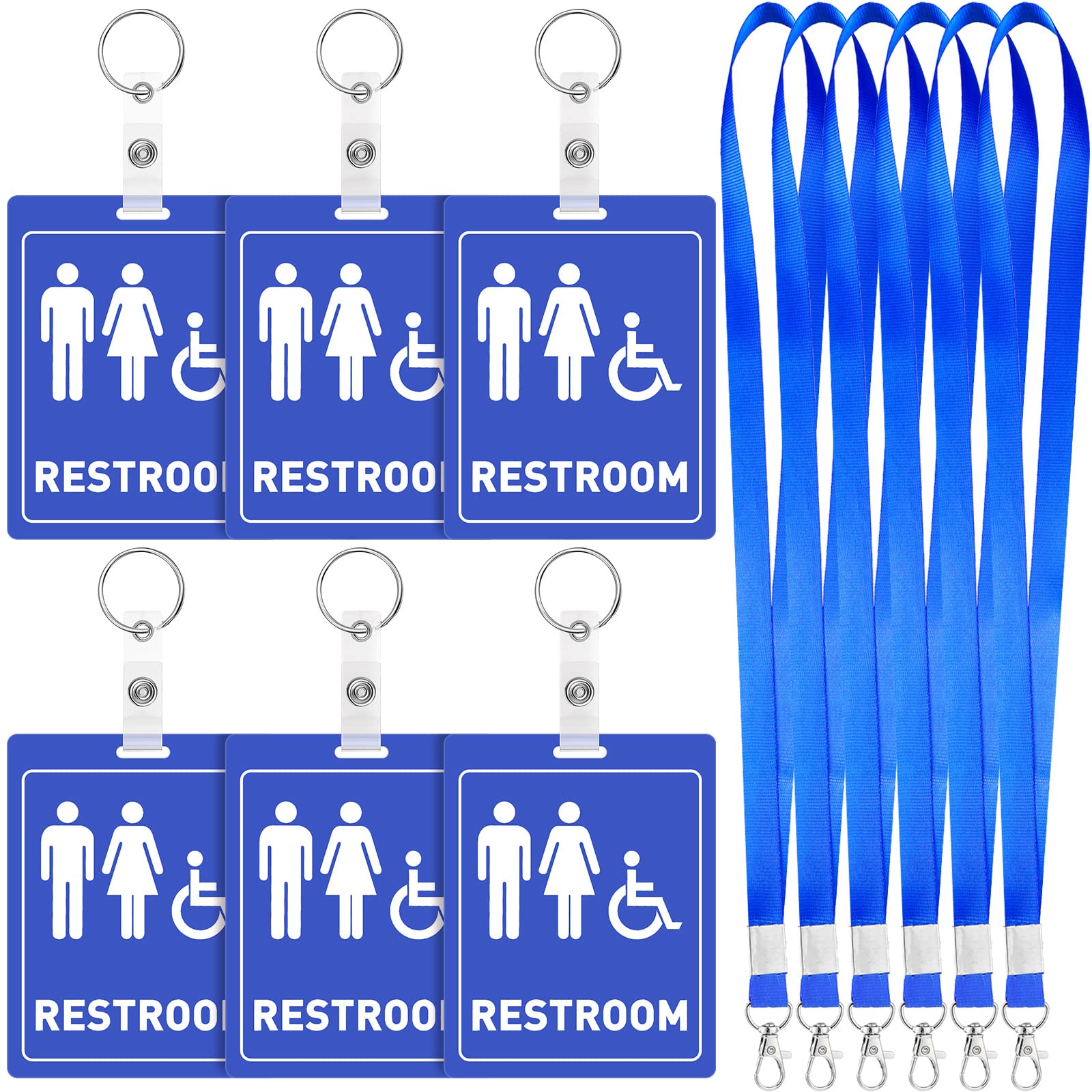 Photo 1 of Kosiz 6 Pcs Unisex Bathroom Pass Keychains Men Women Handicapped Bathroom Tag with Key Holder and Lanyard Restroom Key for Business Classroom Family School Office Toilet Restroom Pass, Blue