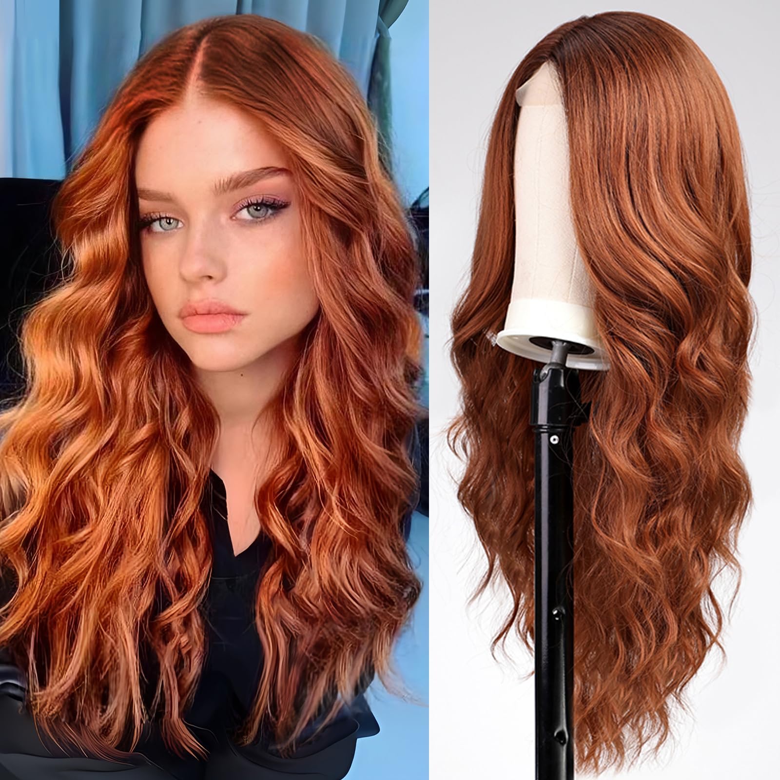 EMMOR Long Ginger Wavy Wig for Women Lace Front Wigs Auburn Natural Looking 26 Inch Middle Part Curly Wig Heat Resistant Synthetic Wigs for Daily Party Use
