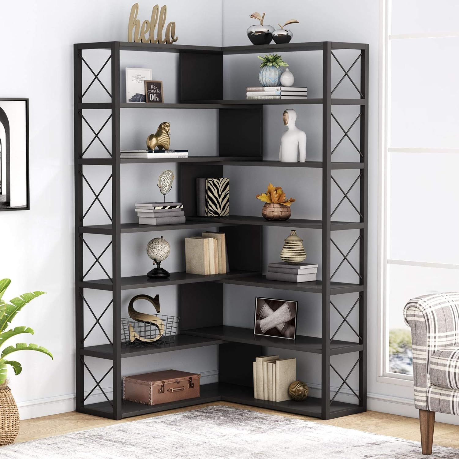Tribesigns 6 Shelf Corner Bookcase Vintage Industrial Corner Bookshelf Etagere Bookcase 6 Tier Corner Shelf Storage Rack With Metal Frame For Living Room Home Office Black Amazon Co Uk Home Kitchen