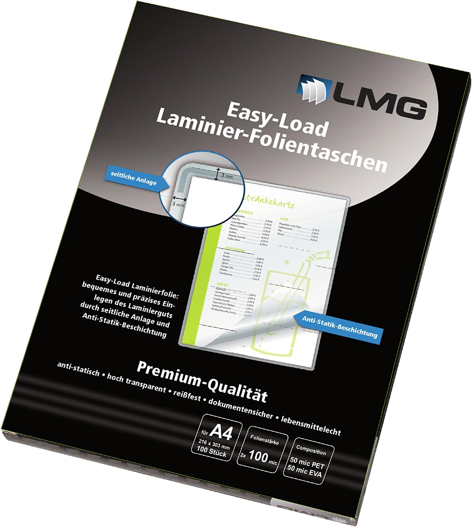 LMG LMGE-A4-100 Laminating Films Easy Entry a4, 216 x 303 mm, 2 x 100 microns, 100 Pieces