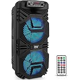 Pyle Portable Bluetooth PA Speaker System, 600W Rechargeable Outdoor Bluetooth Speaker Portable PA System with Dual 8” Subwoofer 1” Tweeter, Microphone in, Party Lights, USB, Radio, Remote