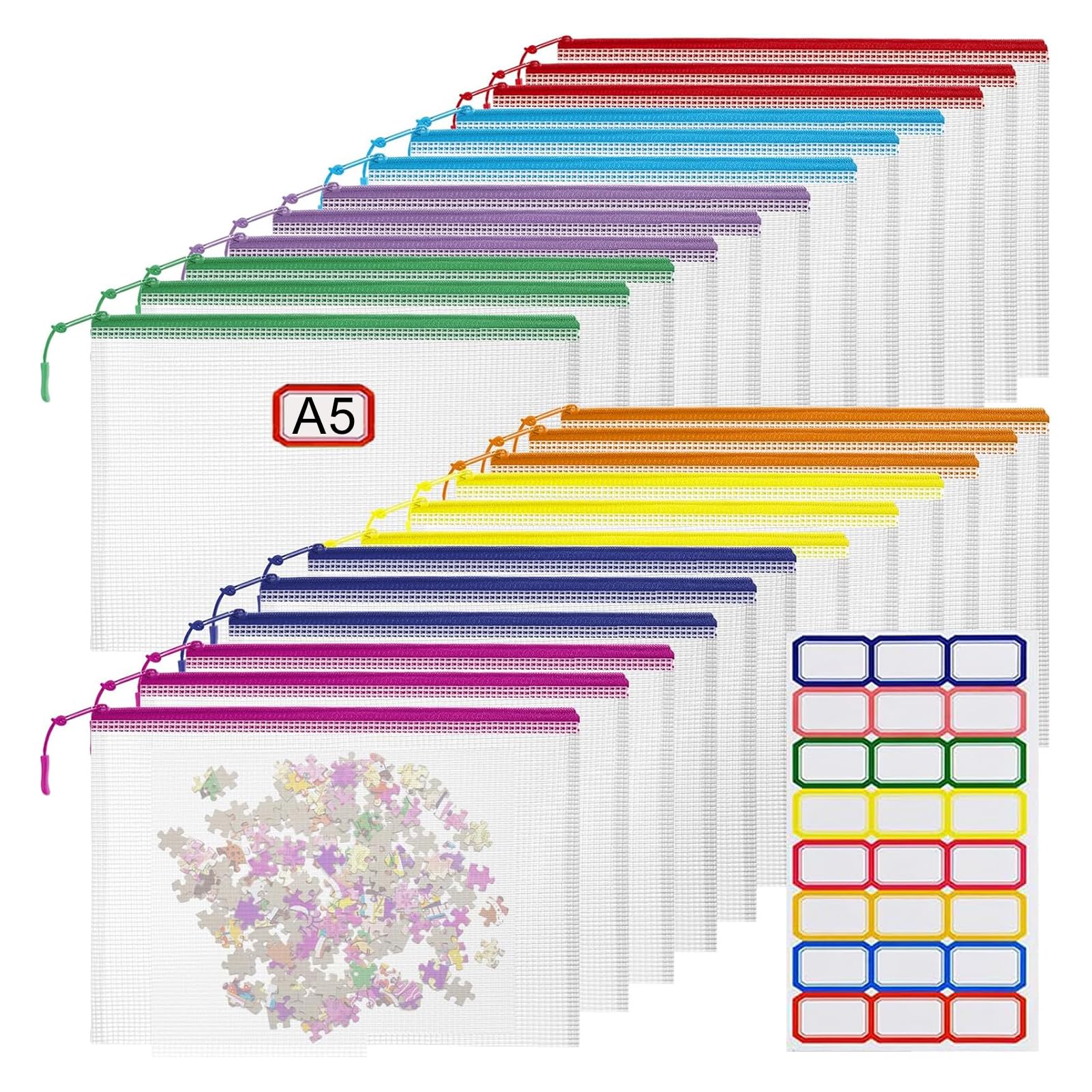 Photo 1 of 24pcs Mesh Zipper Pouch File Bags Puzzle Storage Bags, A5 Size 9.4 x 6.9 Inches Large Reusable Zipper Pouches for Organizing Classroom Board Game Organization