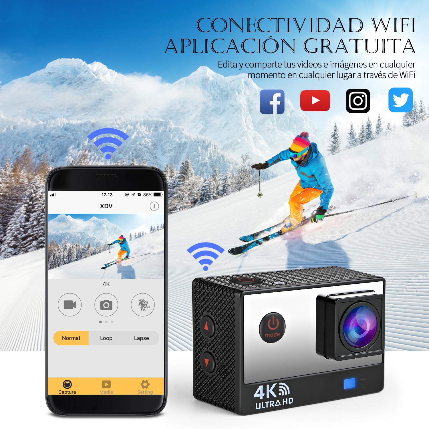 Ifecco Cámara Deportiva WiFi 4k Ultra HD 16MP Cámara de acción Impermeable 30M Gran Angulo de visión 170 ° con 2 baterías 1050mAh y Control Remoto (Negro)