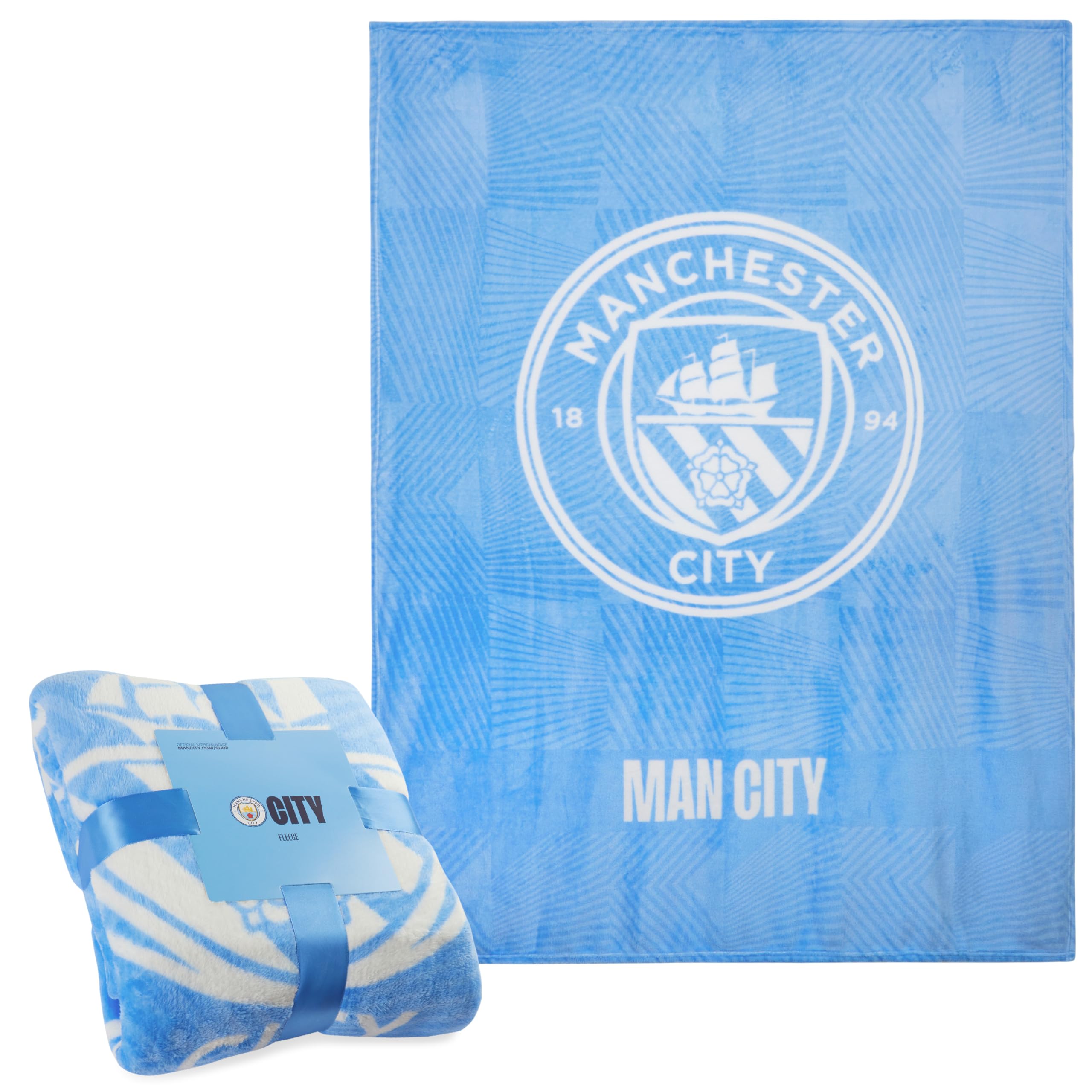 Manchester City F.C. Fleece Bed Blanket Soft Bed Throw 125 x 150cm Gifts for Him (Light Blue)