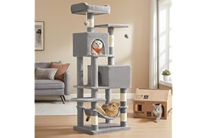 Feandrea Cat Tree, 61-Inch Cat Tower for Indoor Cats, Plush Multi-Level Cat Condo with 5 Scratching Posts, 2 Perches, 2 Caves, Hammock, 2 Pompoms, Light Gray UPCT192W01