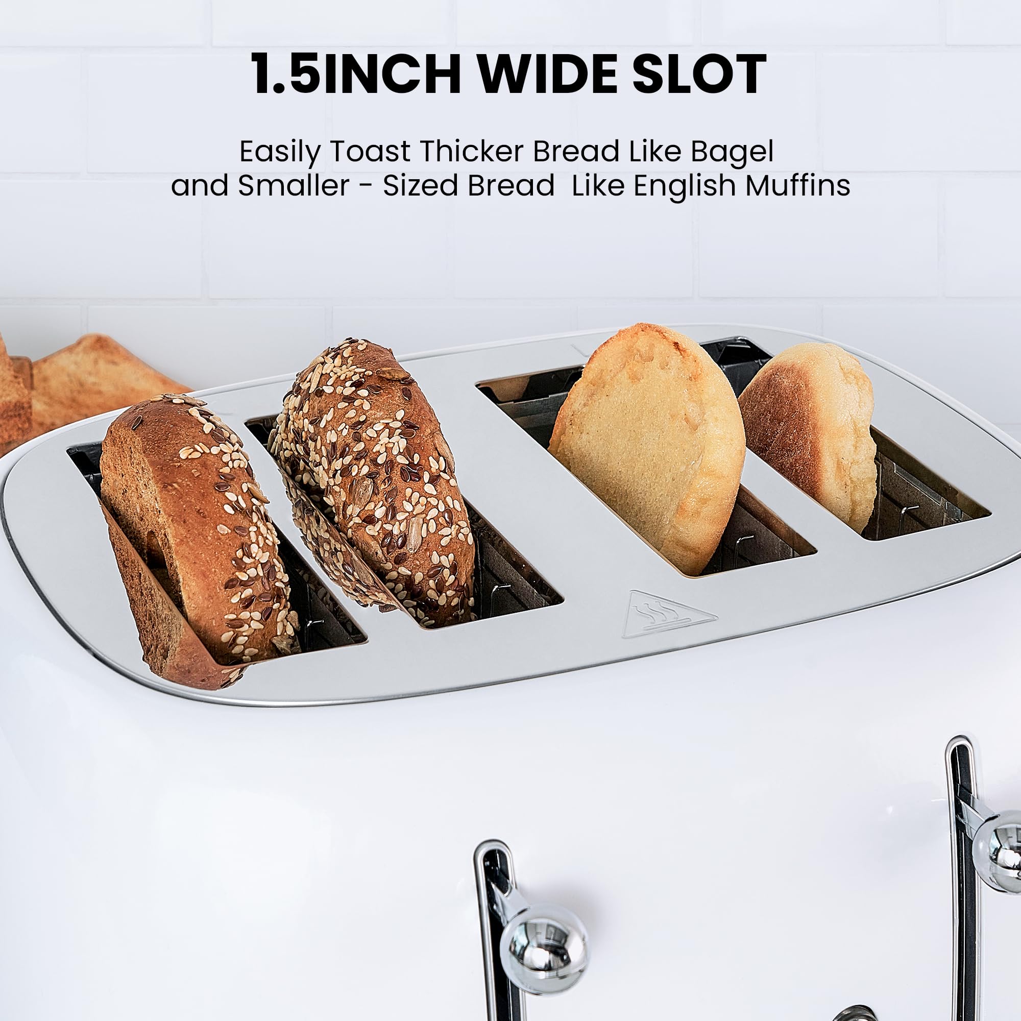 Roter Mond Tostadora Retro de 4 Rebanadas de Acero Inoxidable con Función de Cancelación de Descongelación de Bagel, 6 Configuraciones de Dorado, Ranura Extra Ancha y Bandeja Recogedor de Migas Extraíble, Blanco, ST033