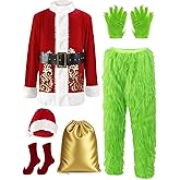 Frojuly Christmas Costume for Men Adult Green Giant Monster 8PCS Deluxe Santa Suit Furry Xmas Cosplay Outfit Halloween