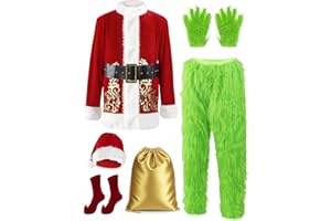 Frojuly Christmas Costume for Men Adult Green Giant Monster 8PCS Deluxe Santa Suit Furry Xmas Cosplay Outfit Halloween