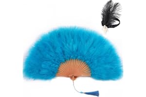 SOGUGOM Blue Feather Fan with Headband - Kitana Fan,Renaissance Fan,Rave Fan,Hand Fan Foldable,Marabou Feather Fan for Mardi Gras Party,Clothing Accessories and Party Decorations(Gradient Blue)