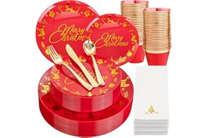 Ciaell 175 Pieces Christmas Plastic Plates - Red and Gold Plastic Plates include 25Dinner Plates, 25Dessert Plates, 25Knives, 25Forks, 25Spoons, 25cups, 25 Christmas Napkins for Christmas Party