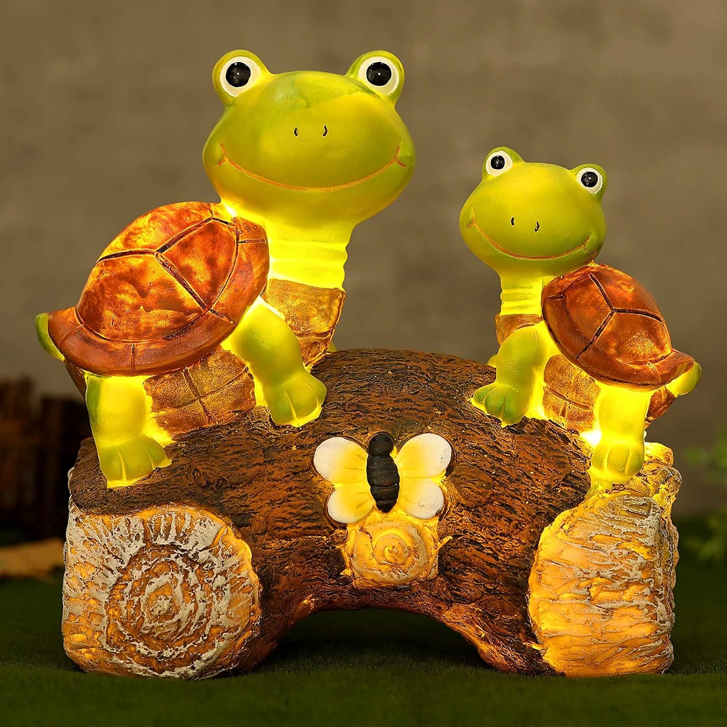 Garden Resin Statue Cute Frog Face Turtles Animal Sculpture with Solar LED Outdoor Garden Waterproof Figurine Decor for Patio Lawn Yard Housewarming Ornament Supplies