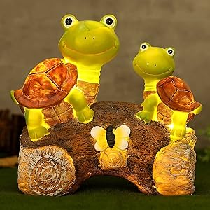 Garden Resin Statue Cute Frog Face Turtles Animal Sculpture with Solar LED Outdoor Garden Waterproof Figurine Decor for Patio Lawn Yard Housewarming Ornament Supplies
