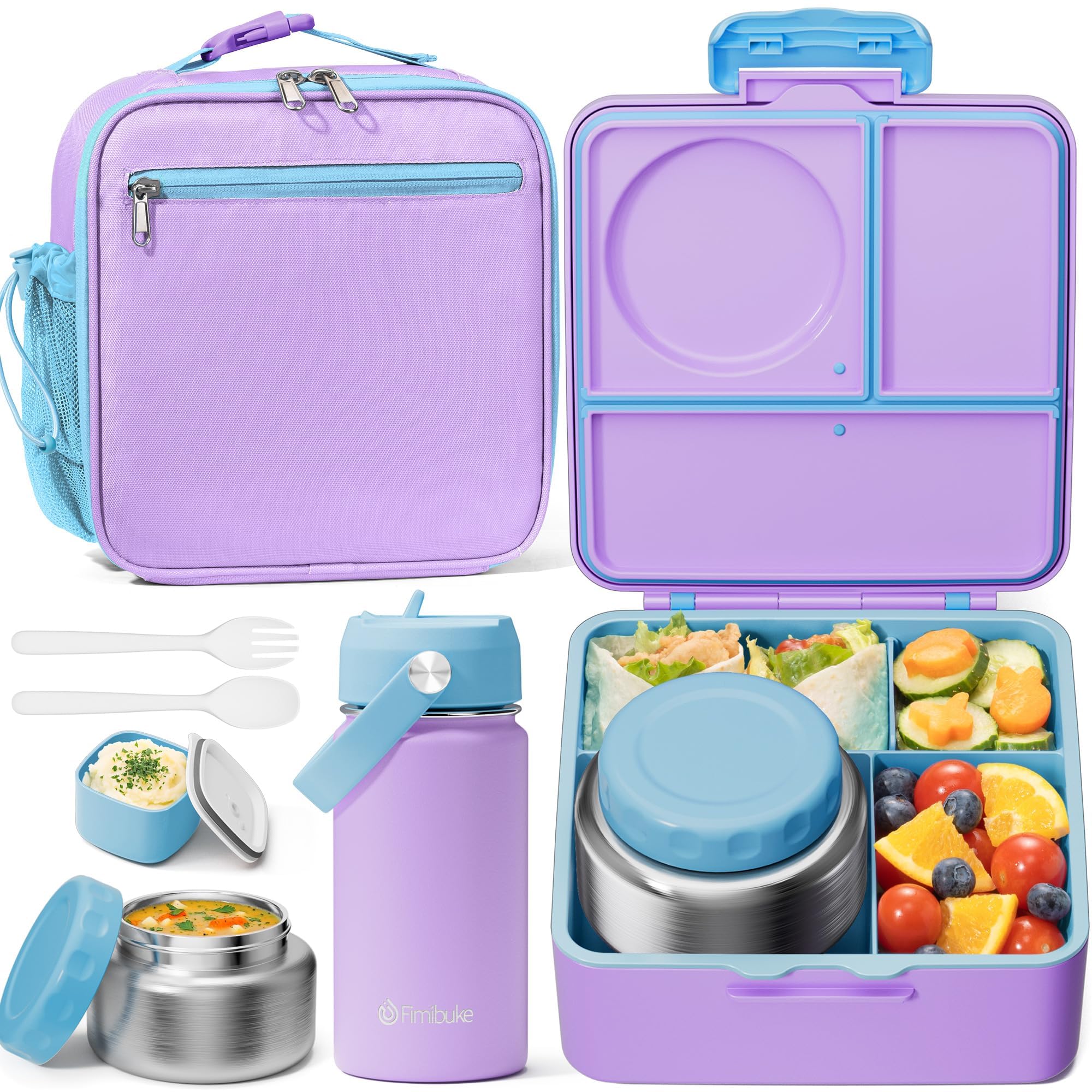 Photo 1 of Fimibuke Kids Bento Lunch Box with Thermos, Leakproof Toddler Bento Box with 8.5 OZ Insulated Food Jar, Lunch Bag, Kids Water Bottle, 3 or 4 Compartment Container for Back to School Toddler Girls Boys