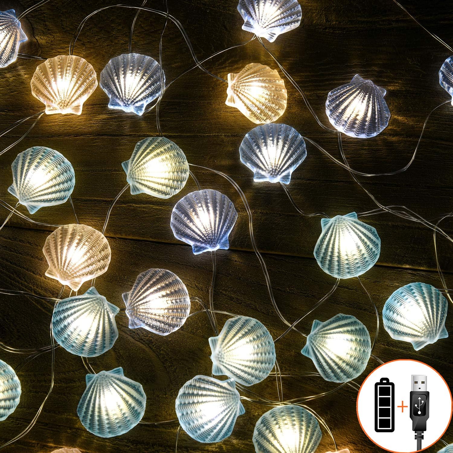 Nautical Decor led String Lights Seashell Under The sea Beach Coastal Ocean Theme Navy Blue for Room Bedroom Dorm Apartment Wall Table Centerpieces Tree Camping Party Luces Christmas Decoration