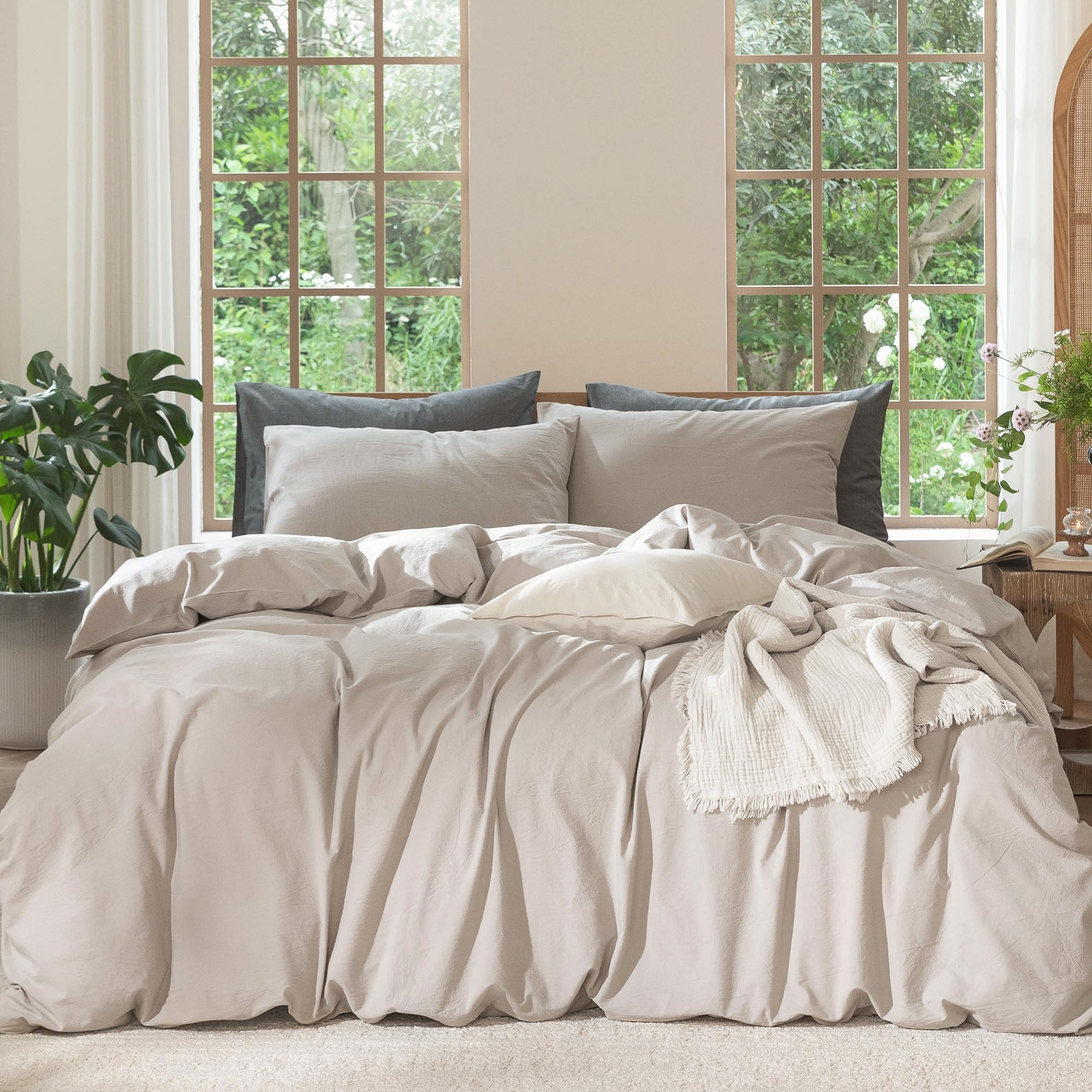 Photo 1 of MooMee Bedding Duvet Cover Set 100% Washed Cotton Linen Like Textured Breathable Durable Soft Comfy (Solid Light Tan, King 104"x90")