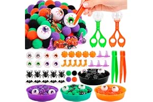 CLOTHMILE 141 Pcs Halloween Sensory Bin Filler Halloween Sensory Bin Items Fine Motor Toys Counting Sorting 100 Pom Pom 25 Acrylic 8 Halloween Eyeballls 4 Sorting Cup for Halloween Sorting Counting Training