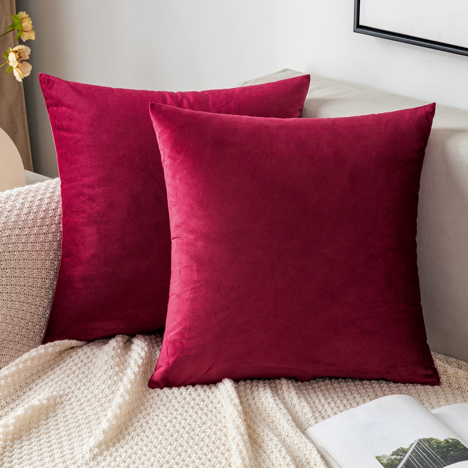 EMEMA Velvet Cushion Covers Wine Red Decorative Throw Pillow Case 12x20 Inch 50x50 cm Pillow Covers for Livingroom Sofa Bedroom Pack of 2 — image 1