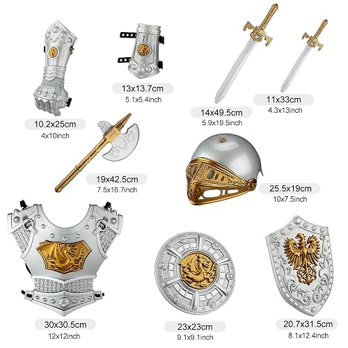 Medieval Knight Costume Set For Kids - 10 Piece Armor With Helmet, Swords & Shields For Role Play
