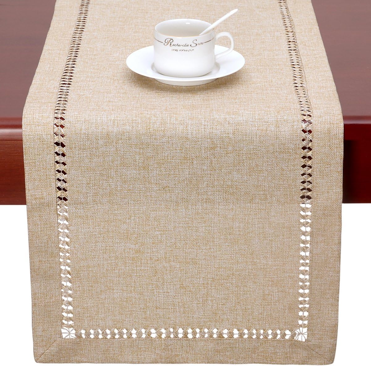 Grelucgo Handmade Hemstitch Beige Table Runner Or Dresser Scarf, Rectangular 14 by 36 Inch: Home & Kitchen