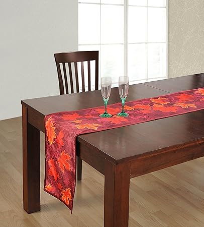 ShalinIndia Digitally Printed Burgundy Autumn Leaves Reversible Table Runner - 13 x 72 - Faux Silk Polyester - Made in India