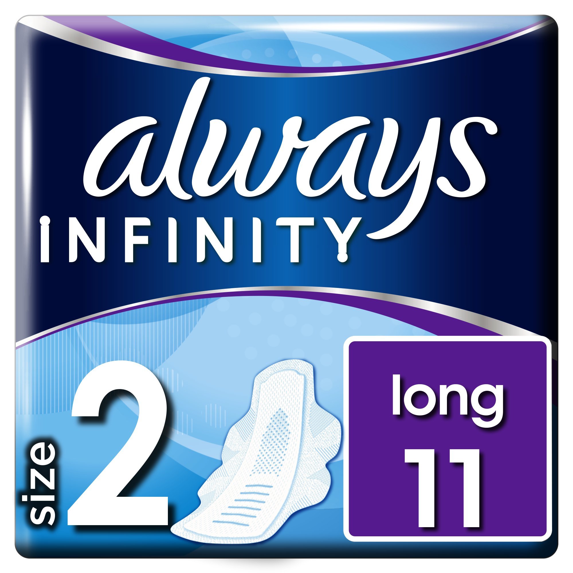 Always Infinity Long Sanitary Towels Wings 11 Pads Revolutionary Technology, Always Comfort and Protection, Size 2