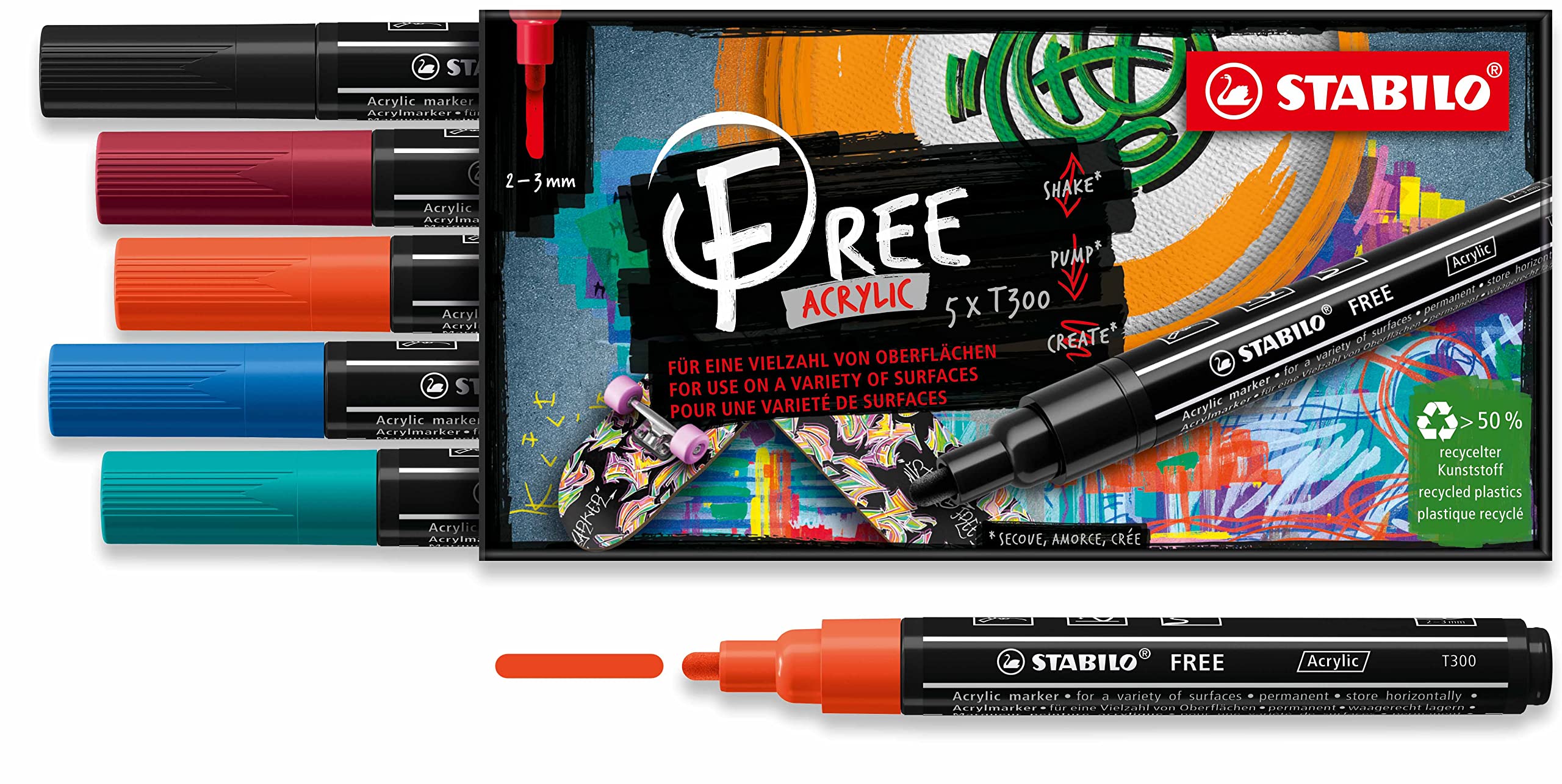 STABILO Acrylic Marker FREE Acrylic - T300 2-3 mm Bullet Tip Urban - Wallet of 5 - Assorted colours